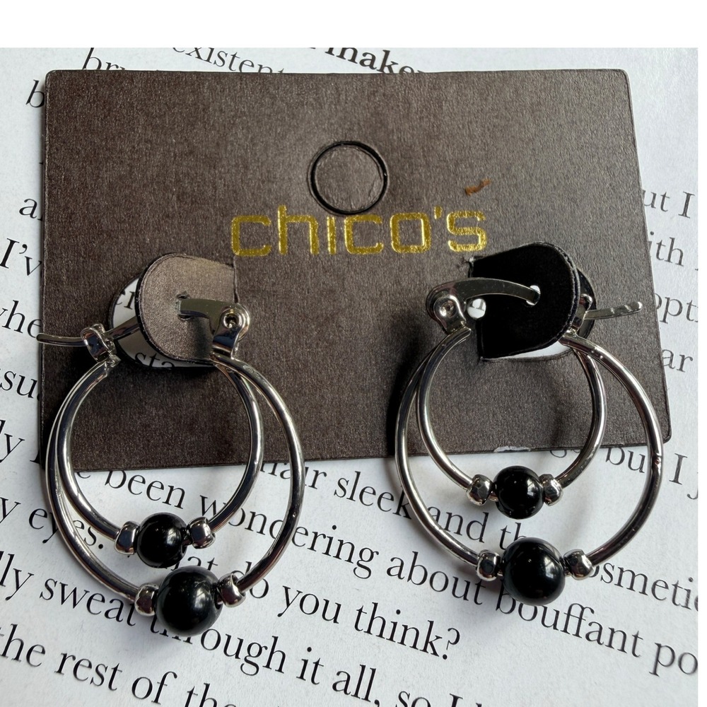 Chico's Hoop Earrings Y2K Silver Tone Black Bead 0.75" Double Hoop Locking Wire - Picture 3 of 8